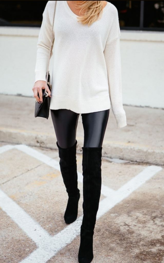 Black suade knee-high boots black leather leggings outfit idea