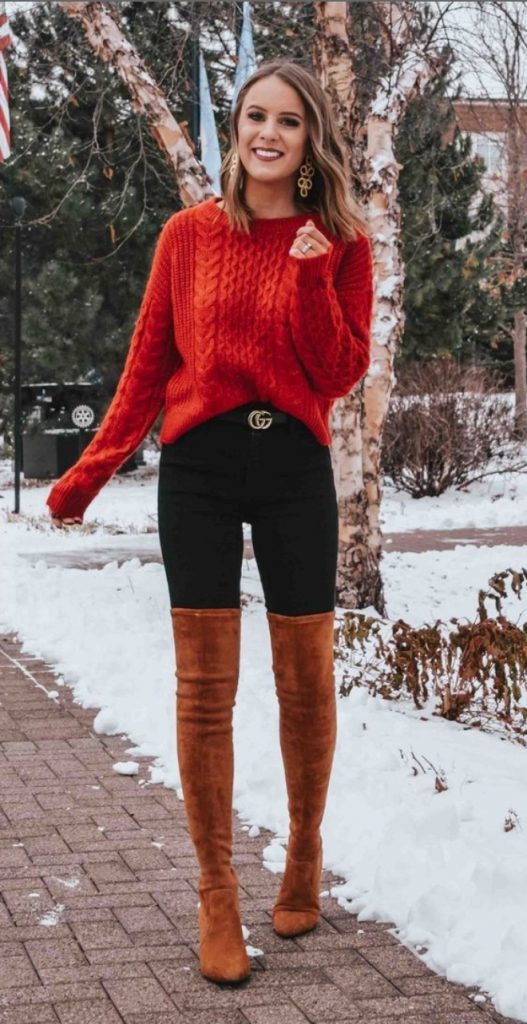 Red knitted pullover black jeans suade ankle boots Gucci belt outfit Pinterest