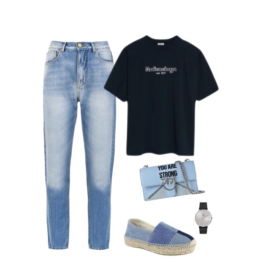 Black T-shirt mom jeans blue espadrilles outfit idea