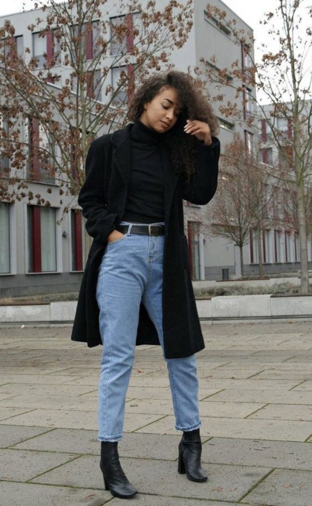 Black ankle boots mom jeans black coat winter outfit idea