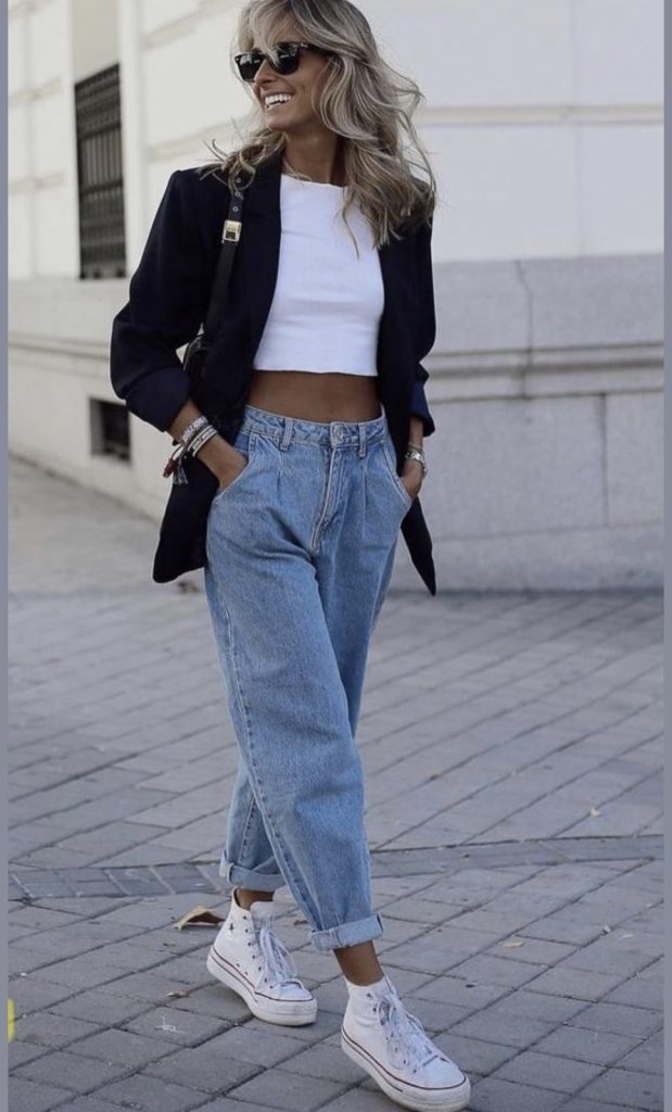 Black blazer mom jeans white crop top Converse high tops spring outfit idea
