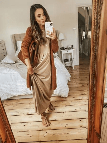 Maxi dress long knitted cardigan outfit to wear to a spa and brunch with friends
