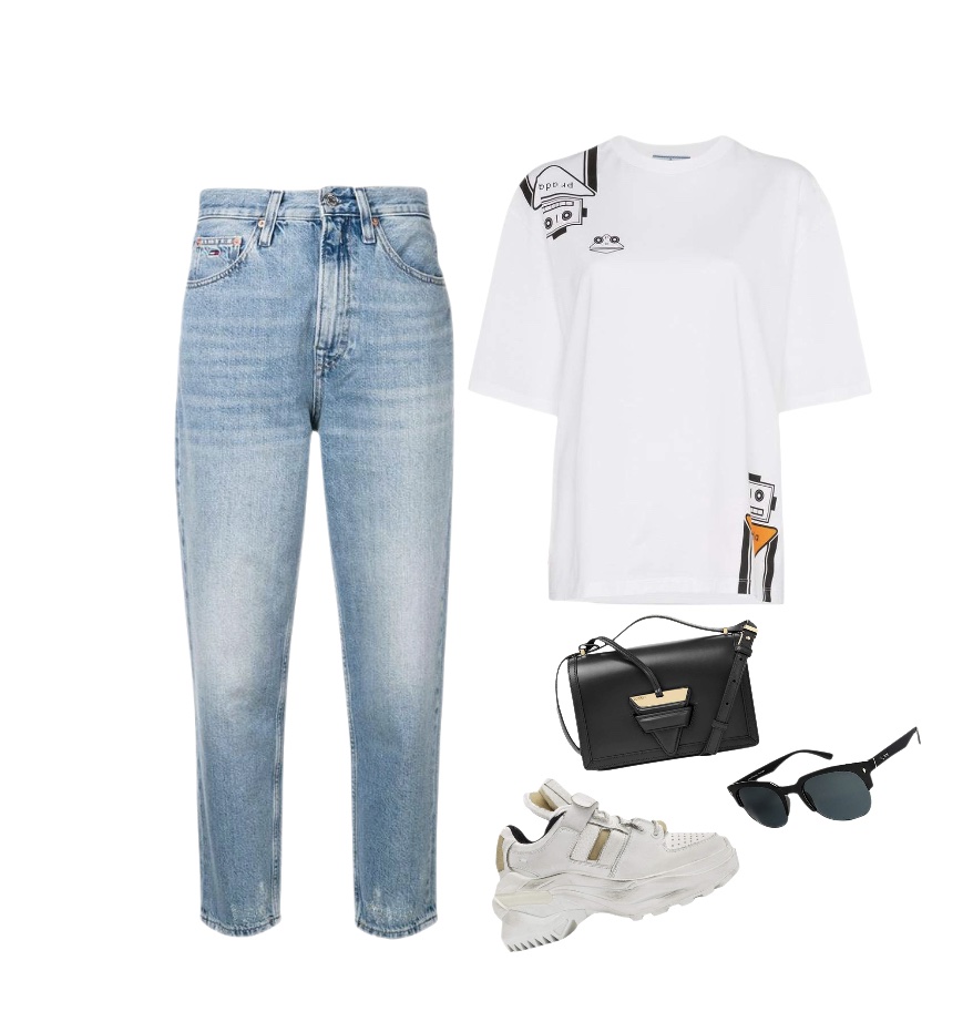 White T-shirt white chunky sneakers with mom jeans outfit idea
