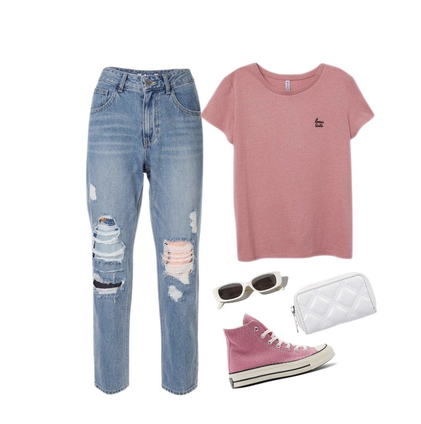Pink Converse high tops mom jeans pink T-shirt outfit idea