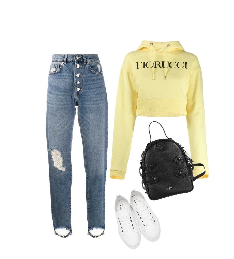 White classic sneakers mom jeans cropped yellow hoodie outfit idea