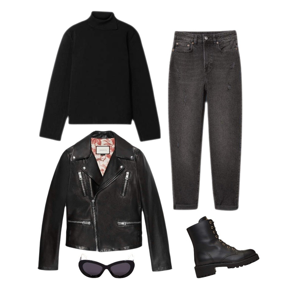 Black aviator jacket gray mom jeans black sweater black combat boots outfit idea