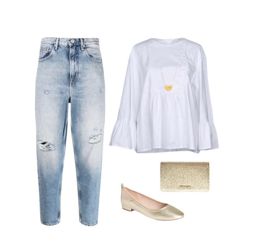 White loose top mom jeans golden ballet flats outfit idea
