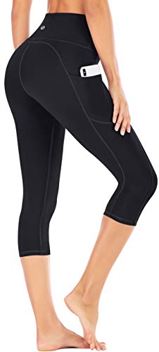 IUGA High Waisted Yoga Pants for Women with Pockets Capri Leggings for Women Workout Leggings for Women Yoga Capris (Black, L)