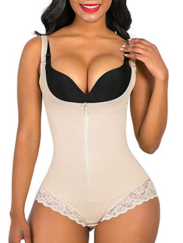 SHAPERX Women Shapewear tummy control Fajas Colombianas Body Shaper Zipper Open Bust Bodysuit, SZ7200-Beige-2XL