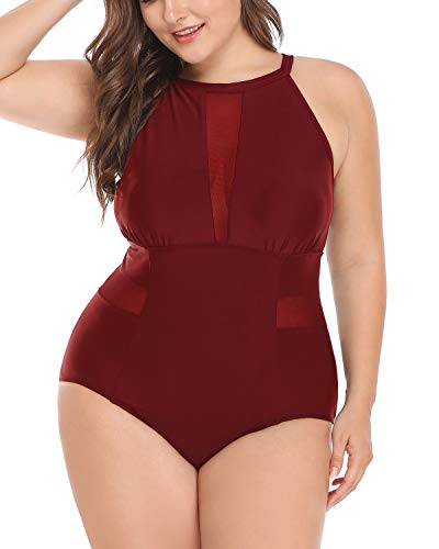 Daci Plus Size One Piece Swimsuit for Women High Neck Plunge Mesh Cutout Monokini Swimwear Wine Red XX-Large